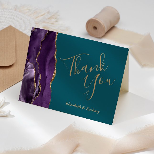 Purple Agate Gold Teal Wedding Thank You Card (Creator Uploaded)