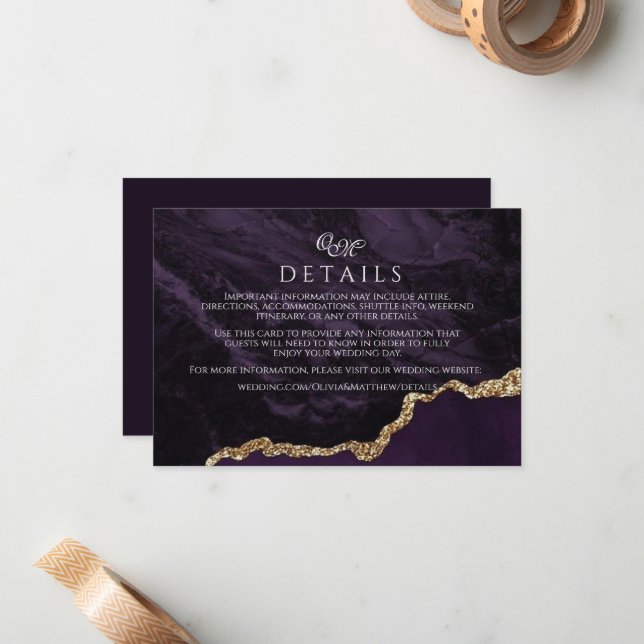 Purple Agate & Gold Wedding Script Details Cards (Front/Back In Situ)