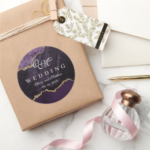 Purple Agate & Gold Wedding Script Luxury Classic Round Sticker