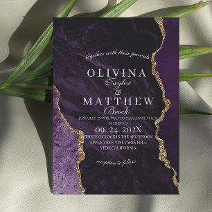 Purple Agate & Gold Wedding Script Wedding Invitation