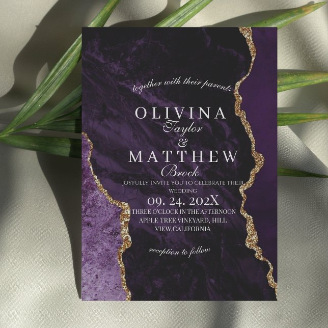 Purple Agate & Gold Wedding Script Wedding  Invitation (Creator Uploaded)