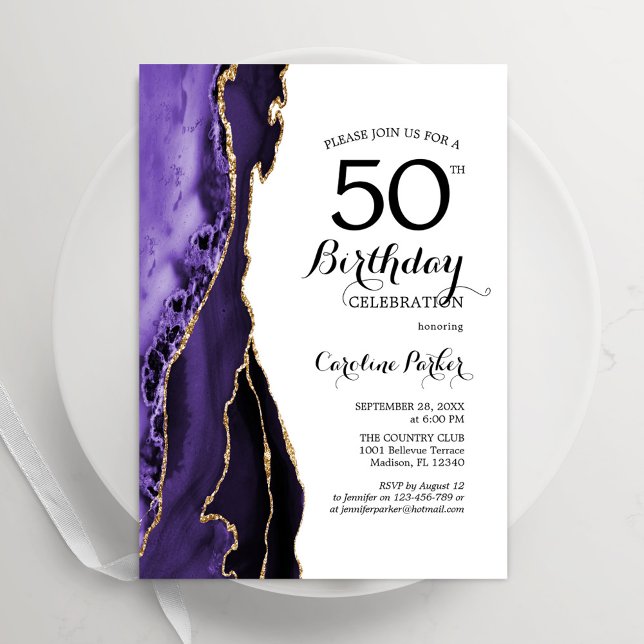 Purple Agate Gold White 50th Birthday Invitation (Creator Uploaded)