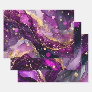 Purple Agate Ink Art with Gold Accents Swirls Wrapping Paper Sheet