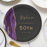 Purple Agate Marble Gold Dark 50th Birthday Paper Plate<br><div class="desc">These elegant modern 50th birthday plates feature a purple watercolor design trimmed with faux gold glitter on an off-black background. Easily customise the gold-coloured text with the guest of honour's name and birthday.</div>