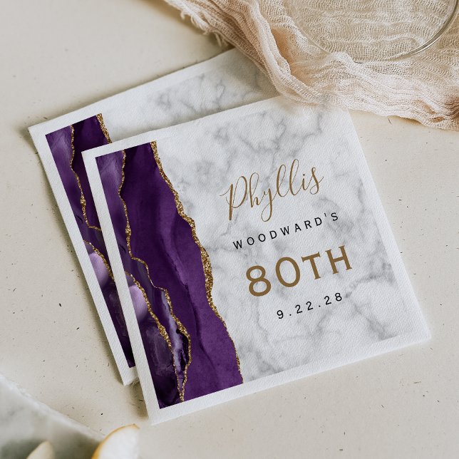 Purple Agate Marble Gold Script 80th Birthday Napkin (Creator Uploaded)