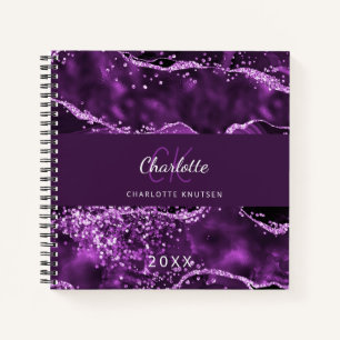 Purple agate marble monogram glamourous notebook
