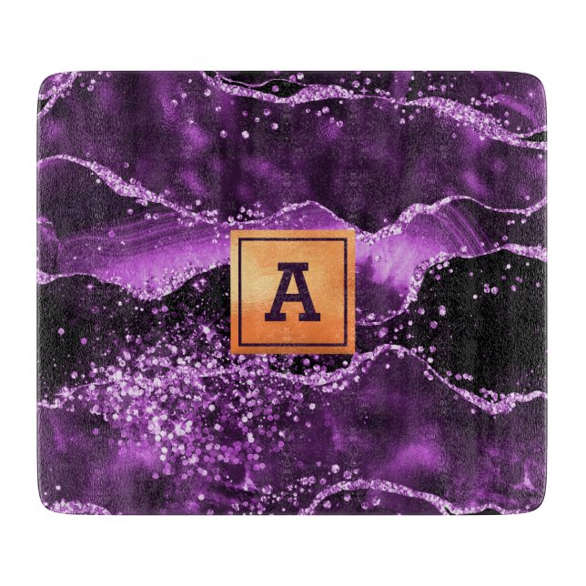 Purple agate marble stone gold monogram cutting board (Front)