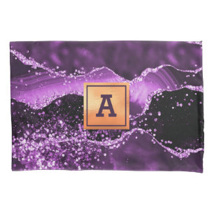 Purple agate marble stone gold monogram pillowcase