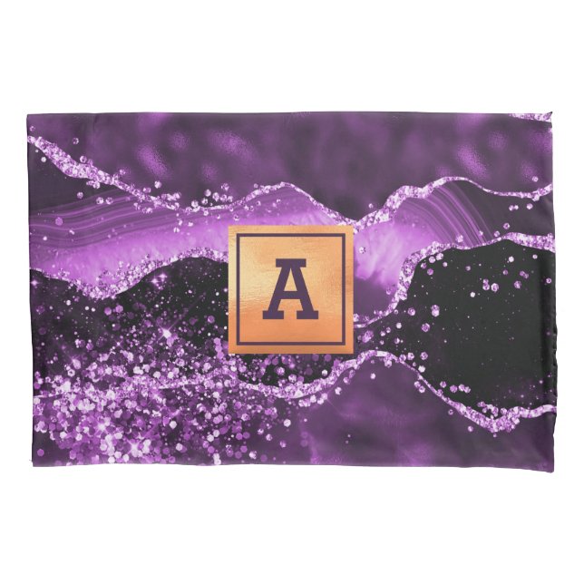 Purple agate marble stone gold monogram pillowcase (Front)