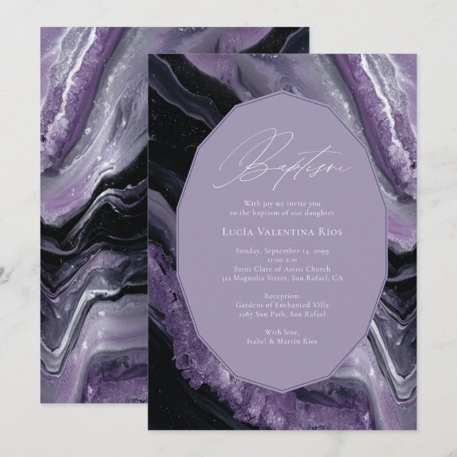 Purple Agate Modern Baby Christening Baptism Invitation (Front/Back)