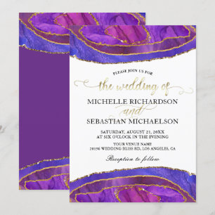 Purple Agate Modern Watercolor Gold Wedding Invitation