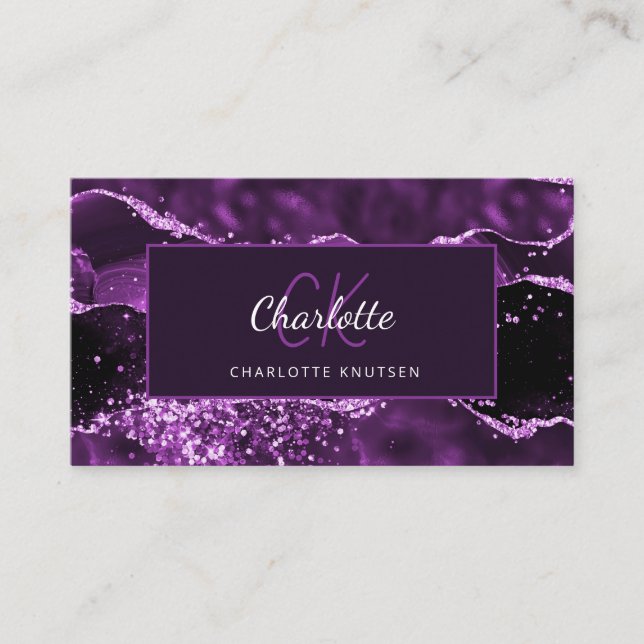 Purple agate pink marble glitter monogram  business card (Front)