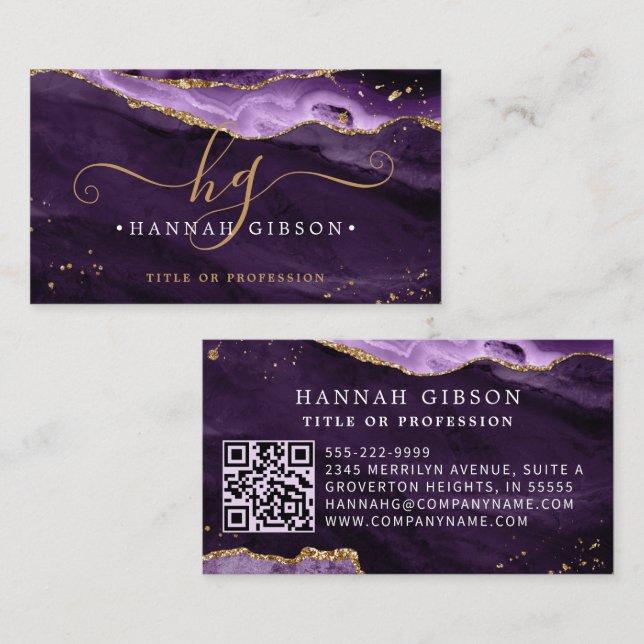 Purple Agate Script Monogram QR Code Glitter Business Card (Front/Back)
