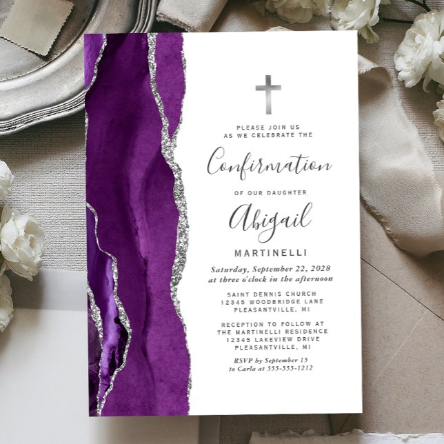 Purple Agate Silver Glitter Confirmation Invitation (Creator Uploaded)