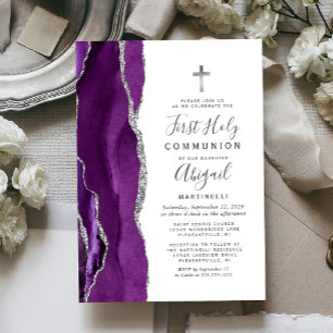 Purple Agate Silver Glitter First Holy Communion Invitation