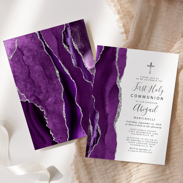 Purple Agate Silver Glitter First Holy Communion Invitation (Creator Uploaded)