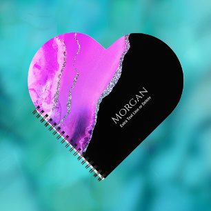 Purple Agate, Silver Glitter, Name & Text on Black Notebook