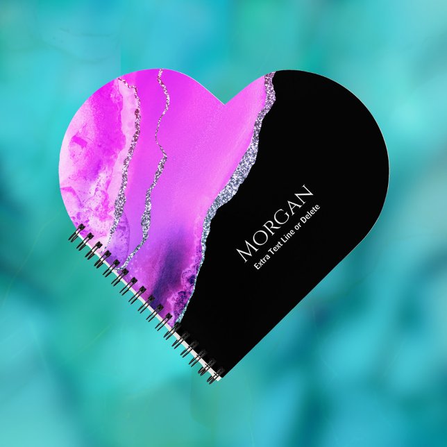 Purple Agate, Silver Glitter, Name & Text on Black Notebook (Creator Uploaded)
