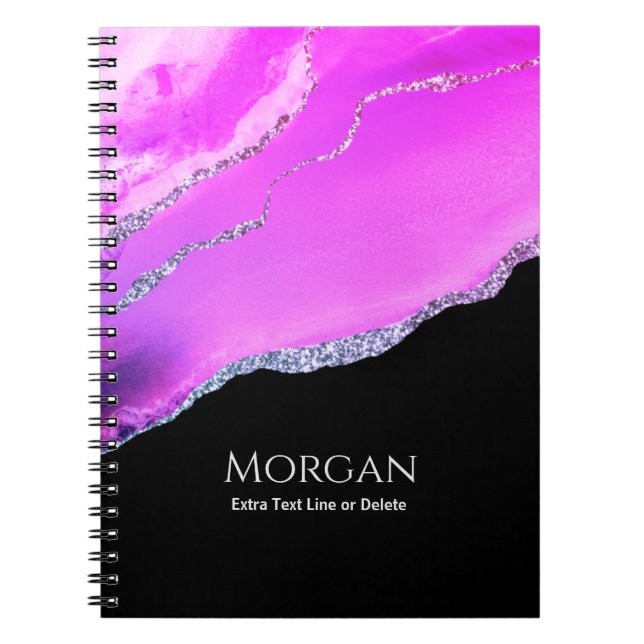 Purple Agate, Silver Glitter, Name & Text on Black Notebook (Front)