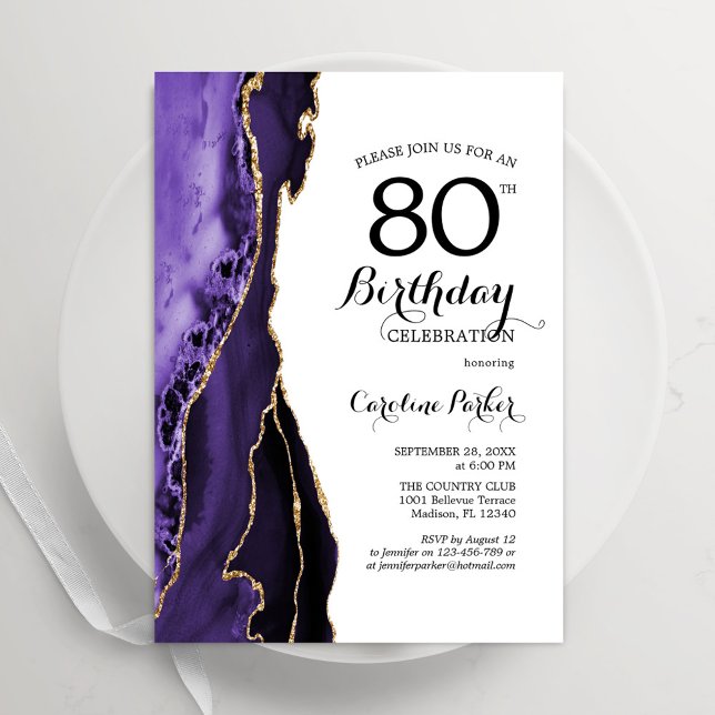 Purple Agate White Gold 80th Birthday Invitation (Creator Uploaded)