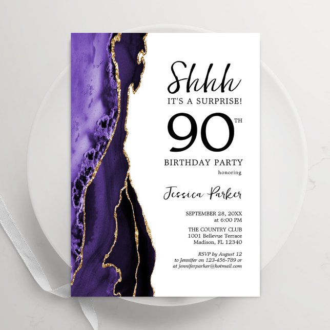 Purple Agate White Gold Surprise 90th Birthday Invitation (Creator Uploaded)