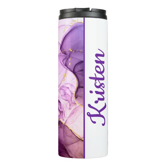Purple Alcohol Ink With Gold Name Thermal Tumbler (Back)