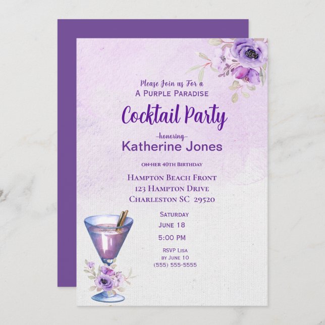 Purple Alexander Birthday Cocktail Party Invitation (Front/Back)