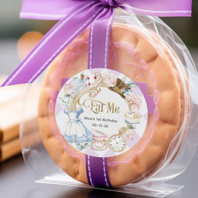 Purple, Alice onderland, Eat me, Birthday Classic Round Sticker (Purple, Alice Onederland, Eat me favor stickers.)