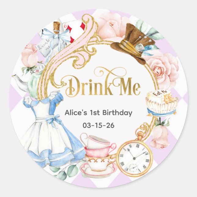 Purple, Alice Onederland, Drink me Birthday Classic Round Sticker (Front)