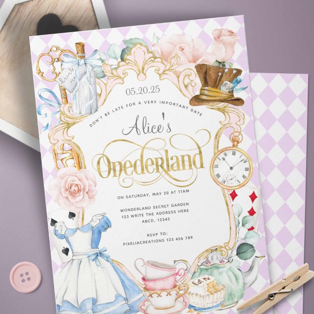 Purple Alice wonderland tea party mad hatter girl  Invitation (Purple, Alice in wonderland themed, Girl 1st birthday invitations.)