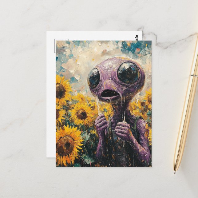 Purple Alien in a Sunflower Field Postcard (Front/Back In Situ)