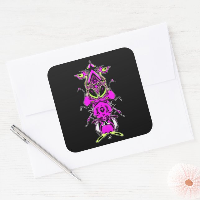 Purple alien squirrel wearing flashing slippers square sticker (Envelope)