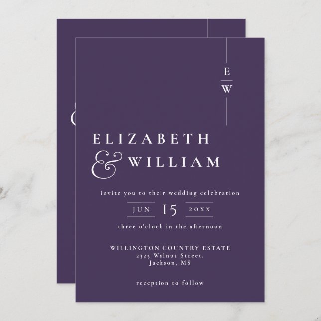 Purple All In One Modern Elegant Monogram Wedding Invitation (Front/Back)