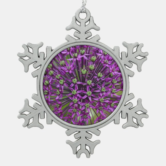 Purple allium flower snowflake pewter christmas ornament (Front)
