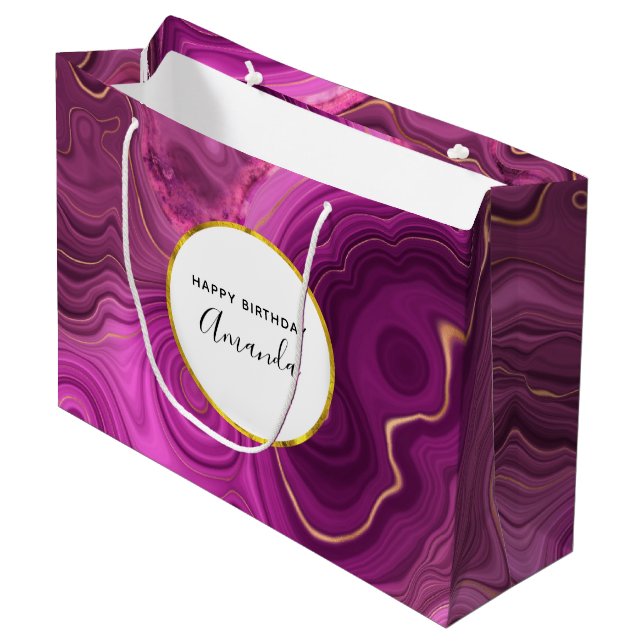 Purple Amethyst And Gold Abstract Agate Birthday Large Gift Bag (Front Angled)