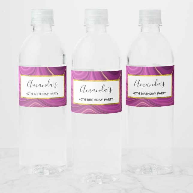 Purple Amethyst And Gold Abstract Agate Birthday Water Bottle Label (Bottles)