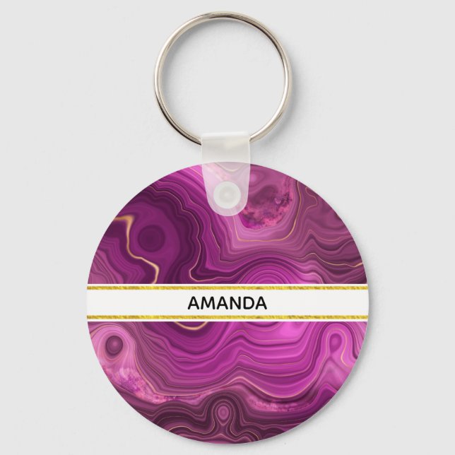 Purple Amethyst And Gold Abstract Agate Key Ring (Front)