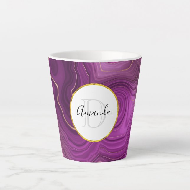 Purple Amethyst And Gold Abstract Agate Monogram Latte Mug (Front)