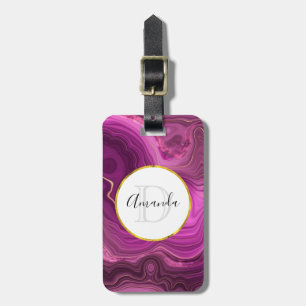 Purple Amethyst And Gold Abstract Agate Monogram Luggage Tag