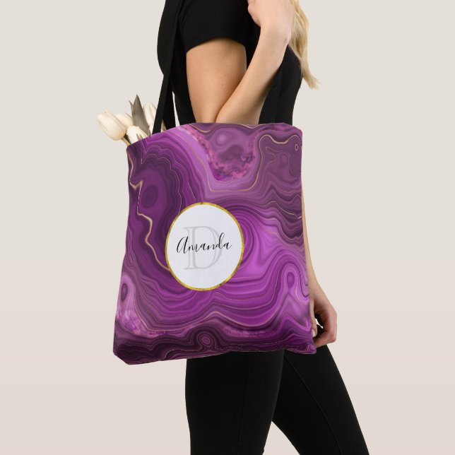 Purple Amethyst And Gold Abstract Agate Monogram Tote Bag (Close Up)