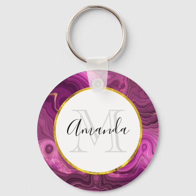 Purple Amethyst And Gold Agate Monogram Key Ring (Front)