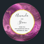 Purple Amethyst And Gold Agate Wedding Thank You Magnet<br><div class="desc">A wedding thank you magnet with an elegant abstract design. Dark purple amethyst colour with ribbons of gold nestled between layered strata. Rich and beautiful design. Layered over top is a white circle frame with a faux gold foil border,  with your personalised text inside.</div>