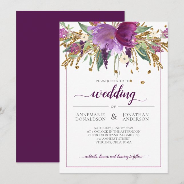 Purple Amethyst and Gold Floral Framed Wedding Invitation (Front/Back)