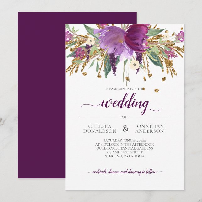 Purple Amethyst and Gold Floral Wedding Invitation (Front/Back)