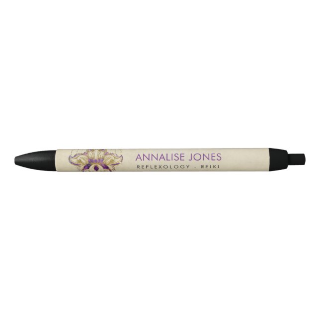 Purple Amethyst and Gold frame Lotus Black Ink Pen (Front)