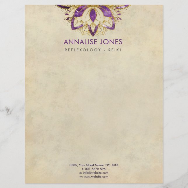 Purple Amethyst and Gold frame Lotus Custom Letterhead (Front)