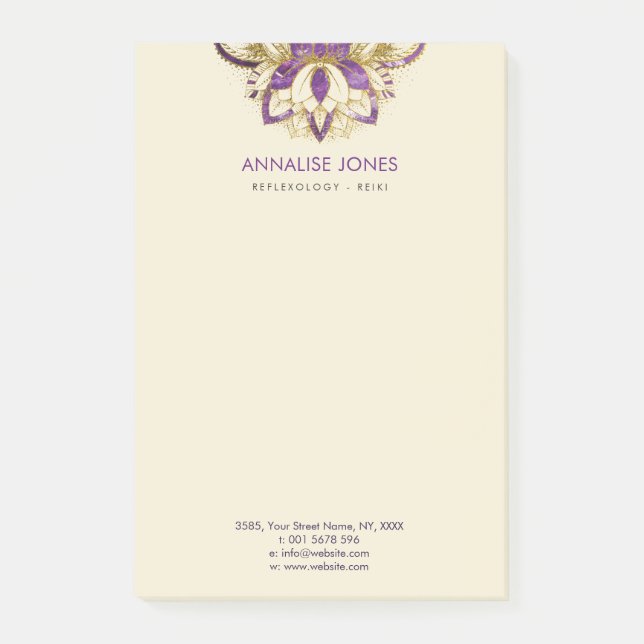 Purple Amethyst and Gold frame Lotus Post-it Notes (Front)