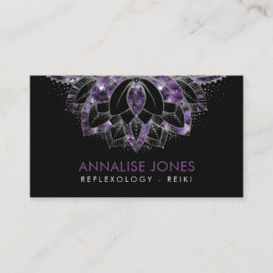 Purple Amethyst and Silver frame Lotus on black Business Card