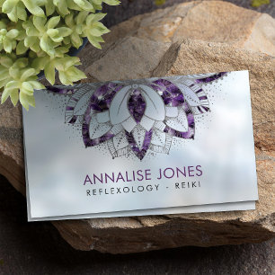 Purple Amethyst and Silver frame Lotus on pearl Business Card