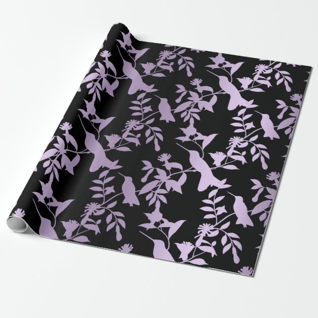 Purple Amethyst Black Foils Hummingbird Flowers Wrapping Paper (Unrolled)
